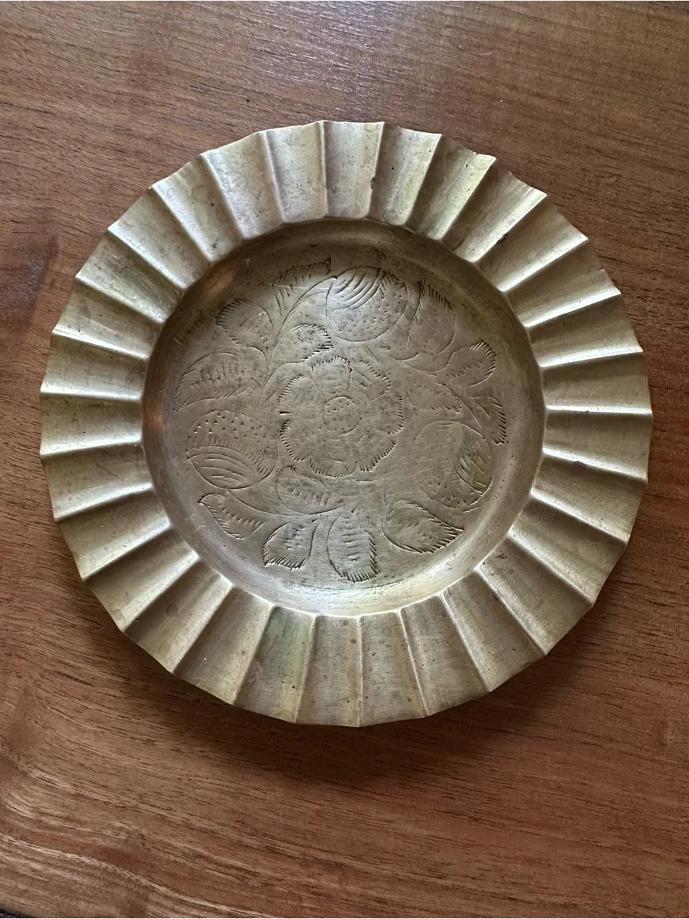 Vintage Sarna Brass Ashtray with Floral Etching and Scalloped Edge